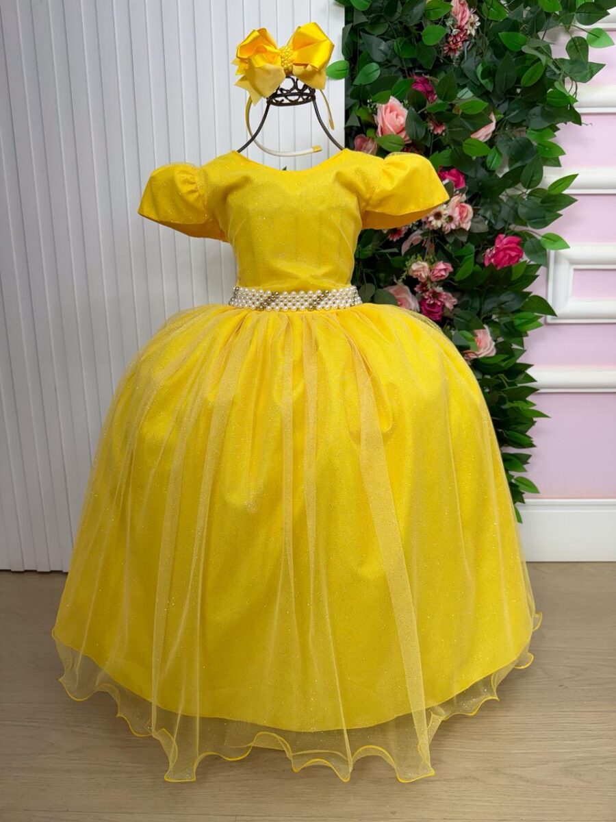 Vestido Longo Infantil Heloísa Marie Amarelo Tule Glitter