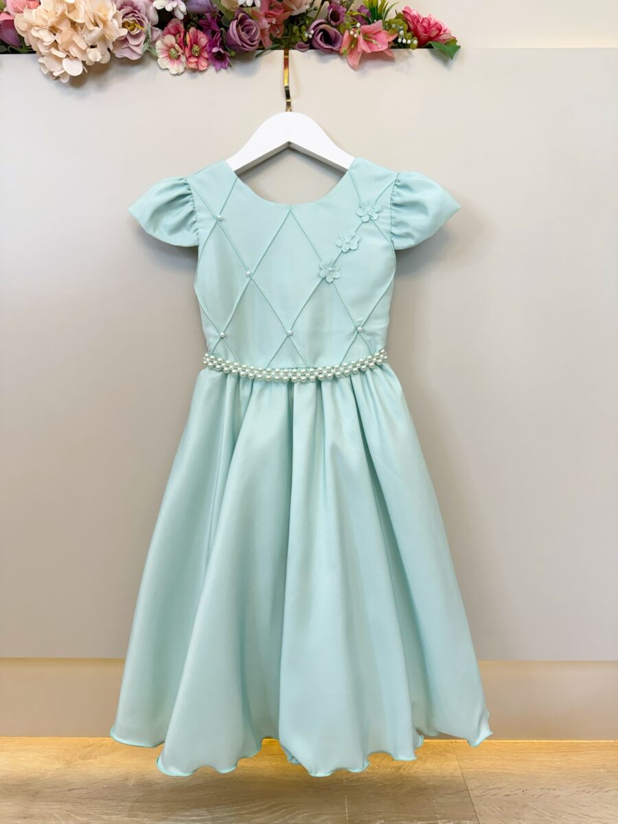 Vestido Infantil Verde Menta Busto Nervura com Flores