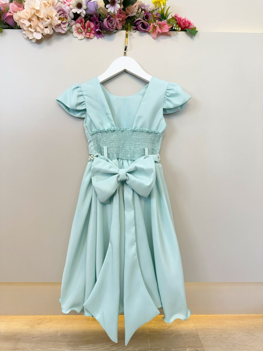 Vestido Infantil Verde Menta Busto Nervura com Flores