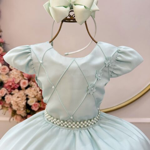 Vestido Infantil Verde Menta Busto Nervura com Flores