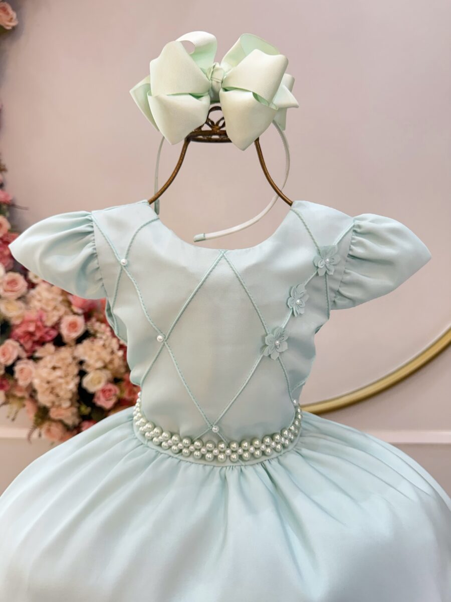 Vestido Infantil Verde Menta Busto Nervura com Flores