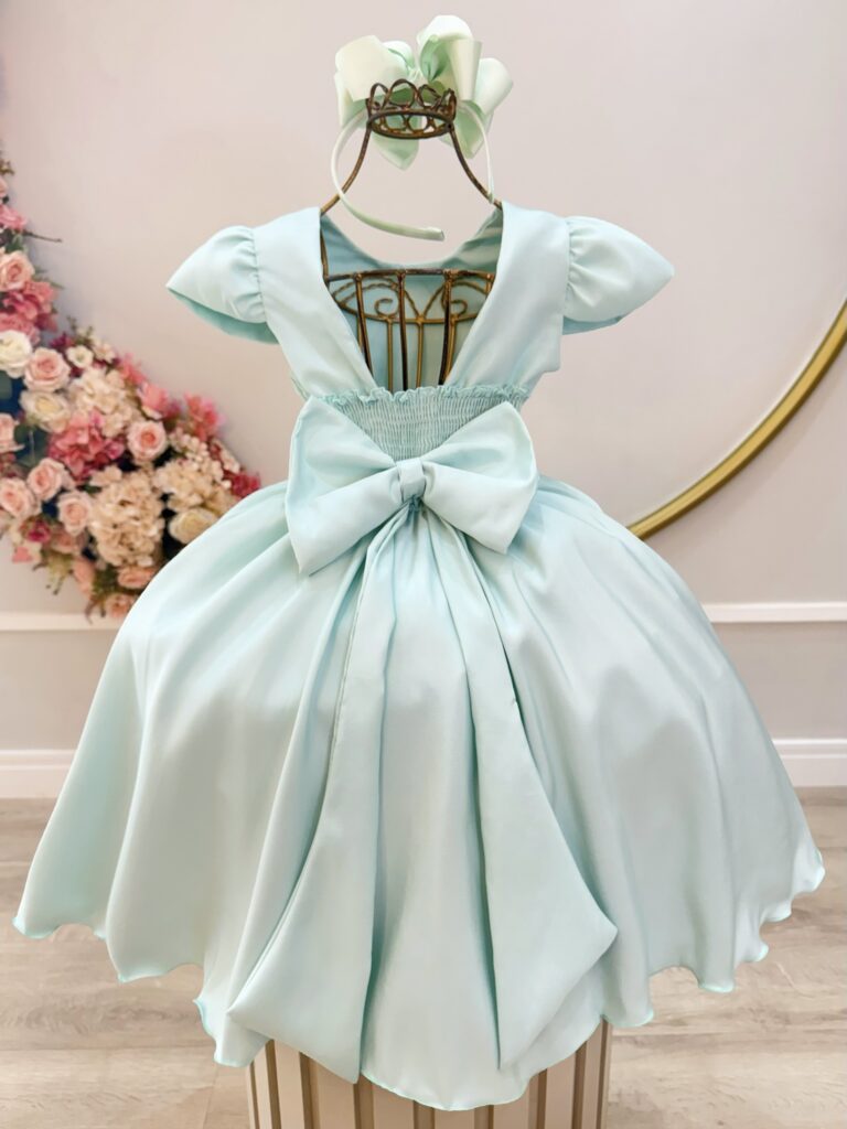 Vestido Infantil Verde Menta Busto Nervura com Flores