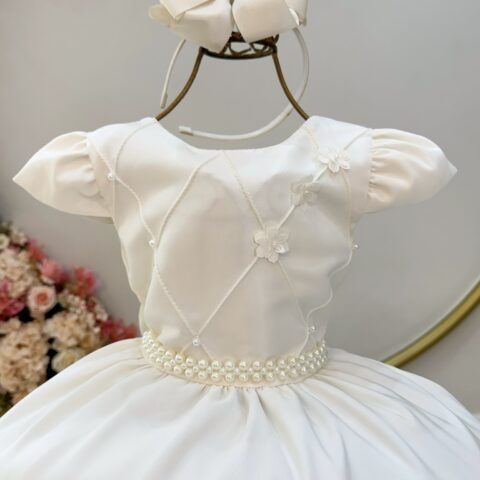 Vestido Infantil Marfim Busto Nervura com Flores Festa