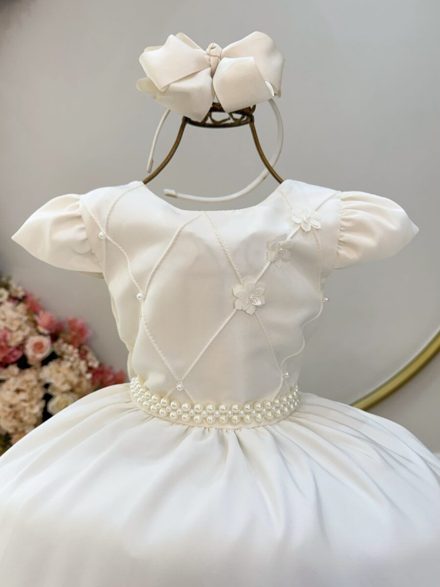 Vestido Infantil Marfim Busto Nervura com Flores Festa