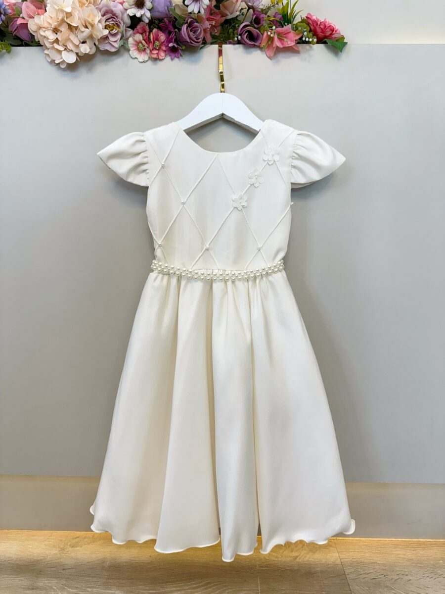 Vestido Infantil Marfim Busto Nervura com Flores Festa
