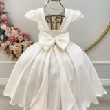 Vestido Infantil Marfim Busto Nervura com Flores Festa