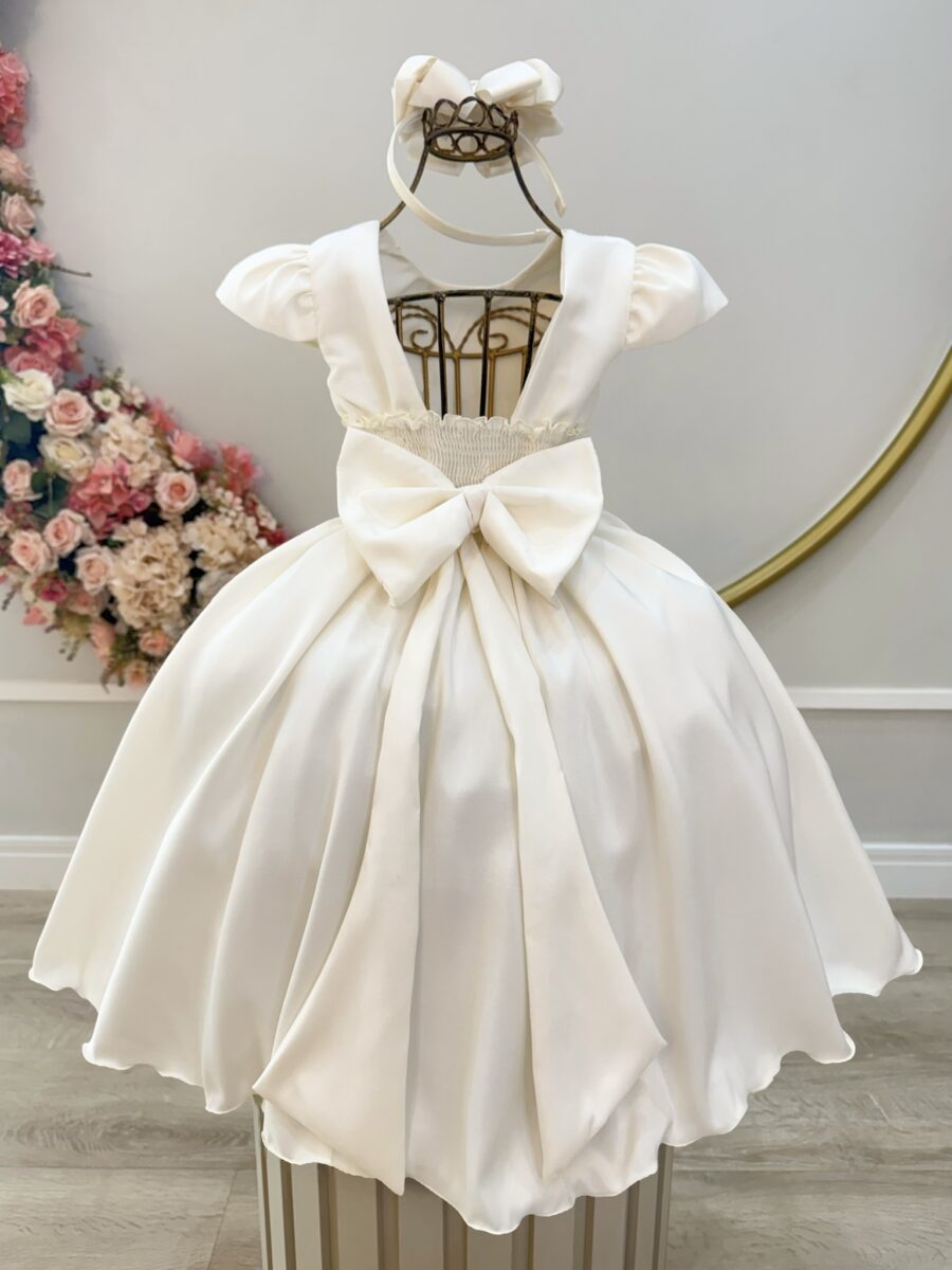 Vestido Infantil Marfim Busto Nervura com Flores Festa