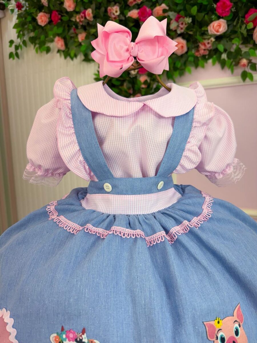 Conjunto Infantil Fazendinha Salopete Jeans e Blusa Xadrez