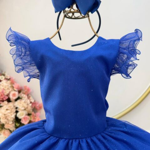 Vestido Infantil Azul Royal com Glitter Daminha Festa