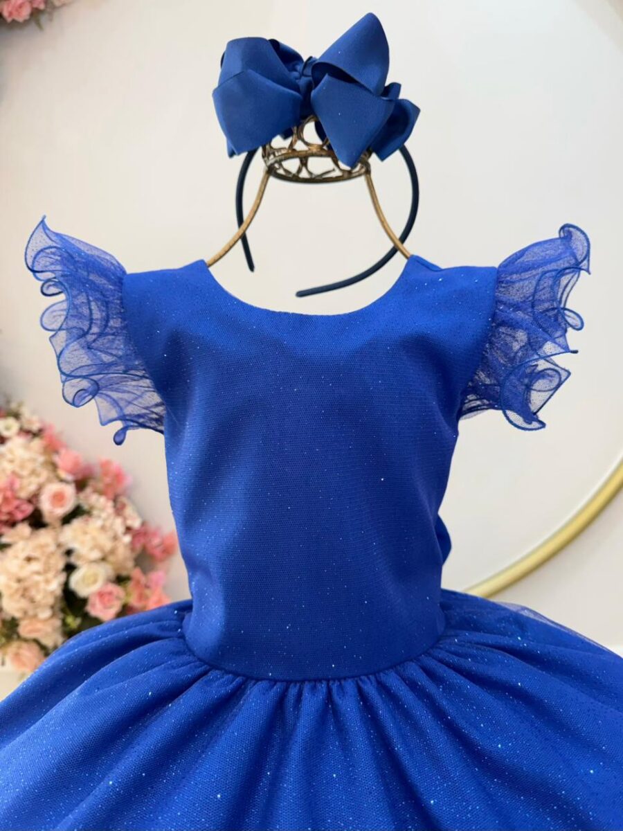 Vestido Infantil Azul Royal com Glitter Daminha Festa