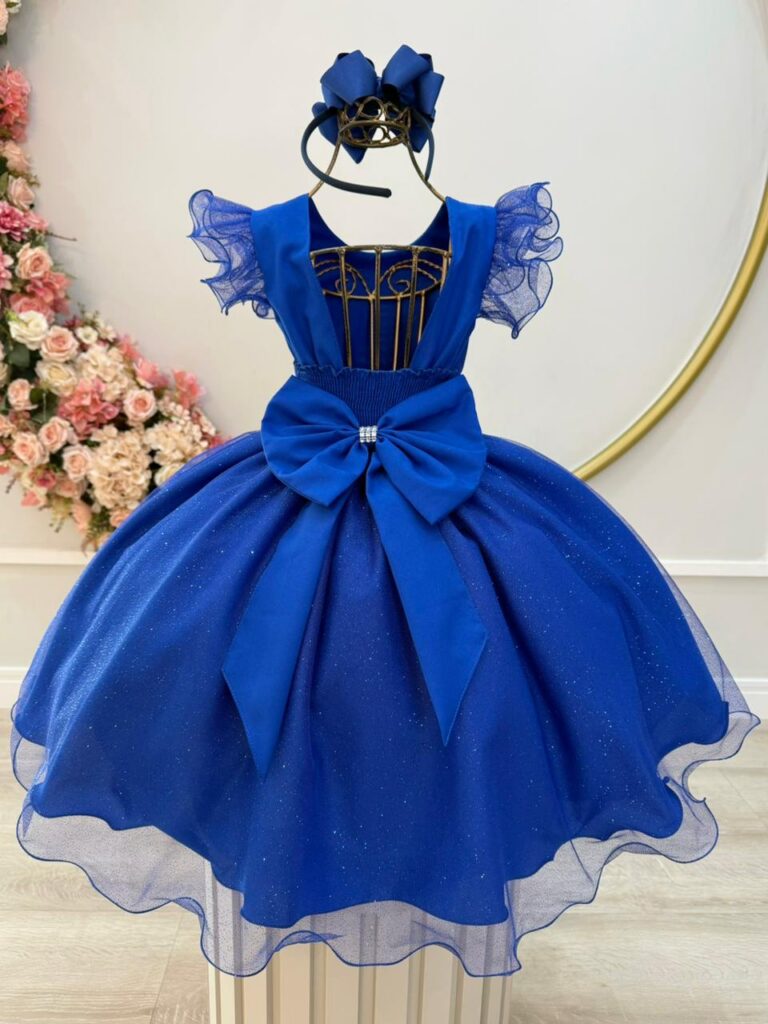 Vestido Infantil Azul Royal com Glitter Daminha Festa