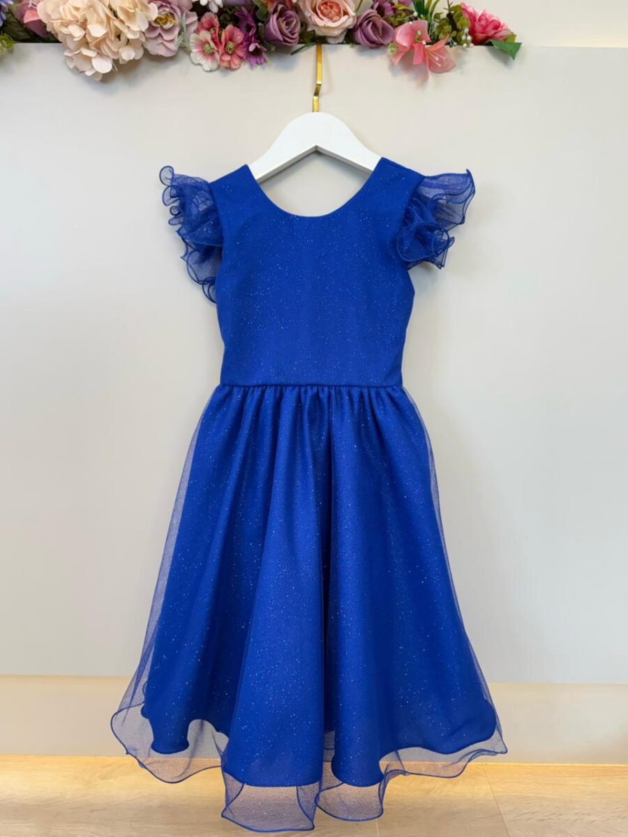 Vestido Infantil Azul Royal com Glitter Daminha Festa