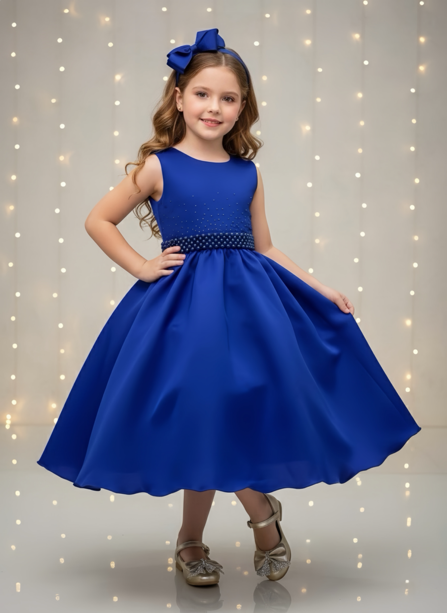 Vestido Infantil Azul Royal com Strass e Pérolas Daminha
