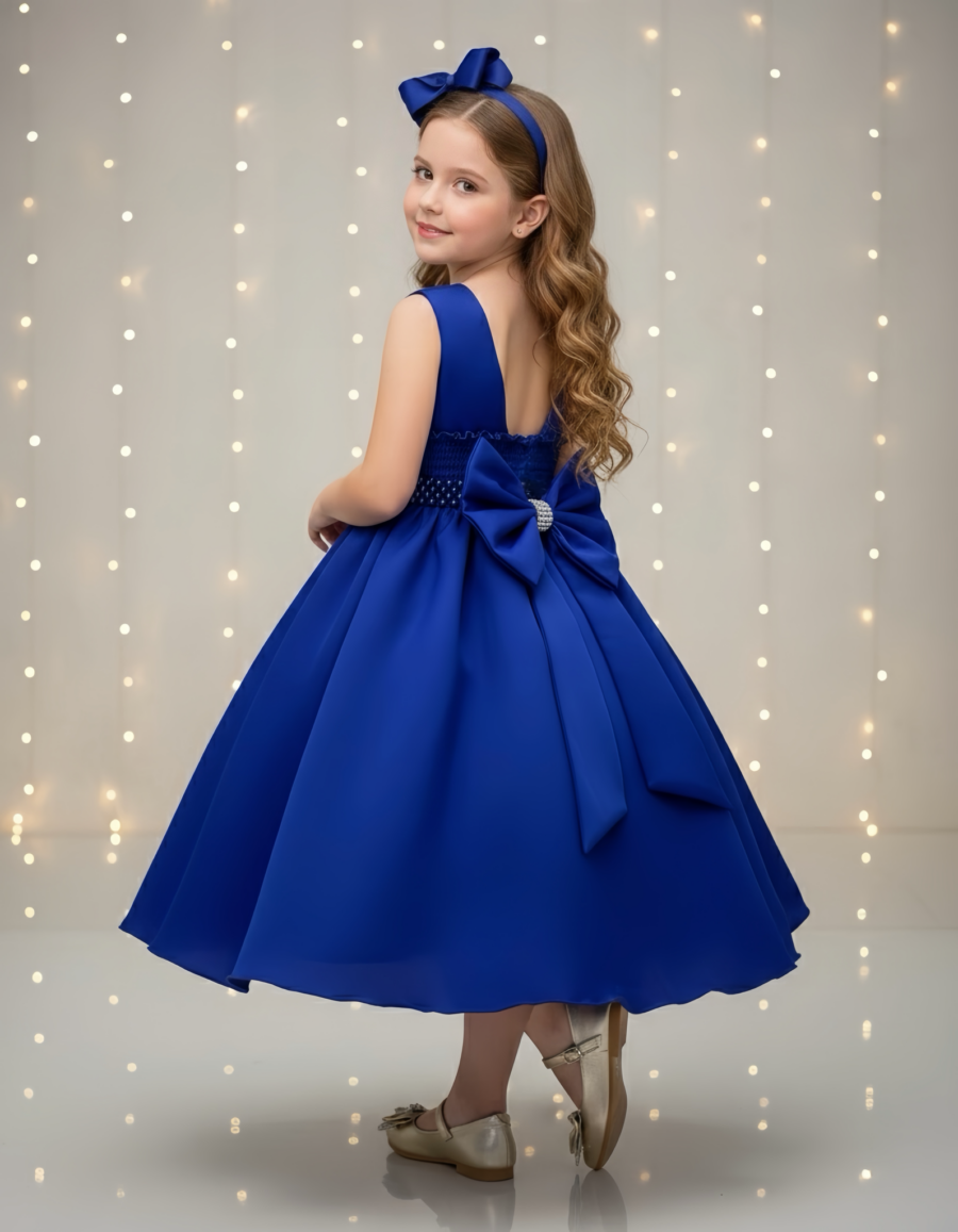 Vestido Infantil Azul Royal com Strass e Pérolas Daminha