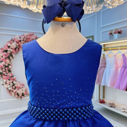 Vestido Infantil Azul Royal com Strass e Pérolas Daminha