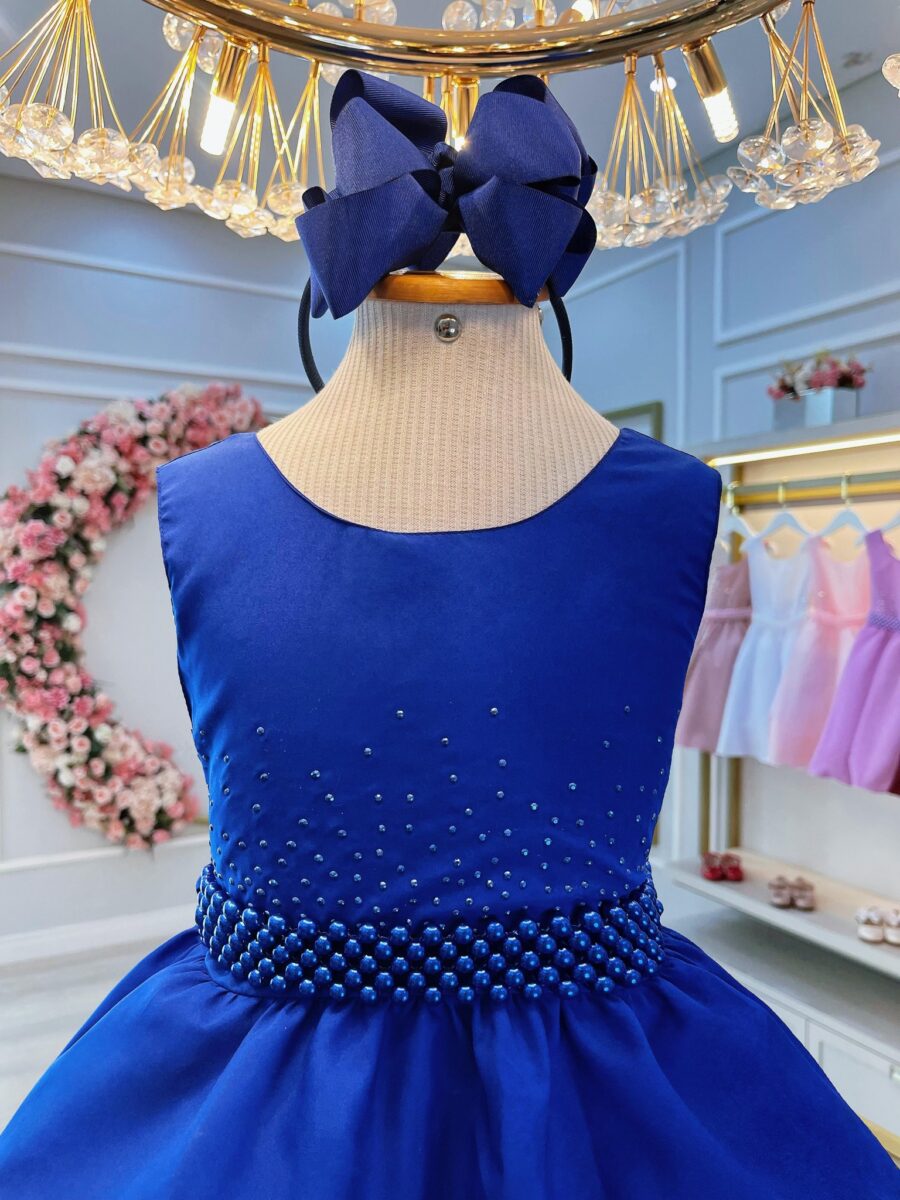 Vestido Infantil Azul Royal com Strass e Pérolas Daminha