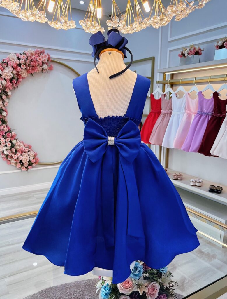 Vestido Infantil Azul Royal com Strass e Pérolas Daminha