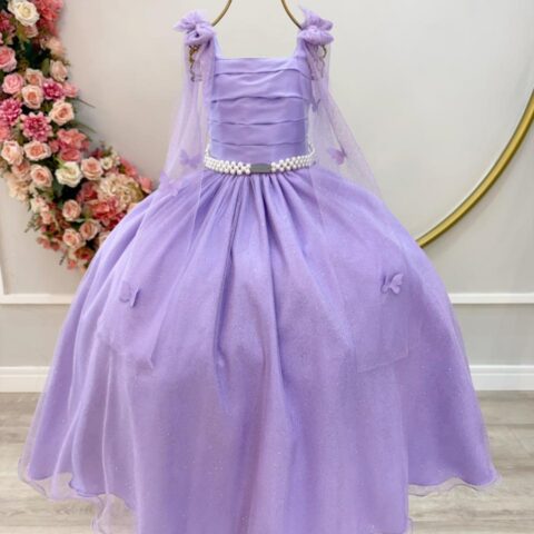 Vestido Infantil Longo Lilás Borboletas e Pérolas Dama
