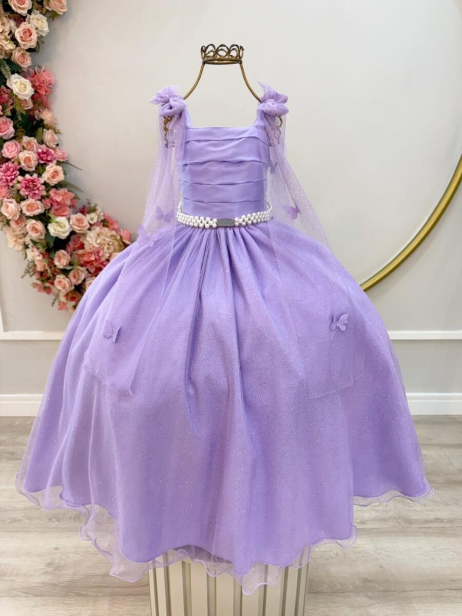 Vestido Infantil Longo Lilás Borboletas e Pérolas Dama