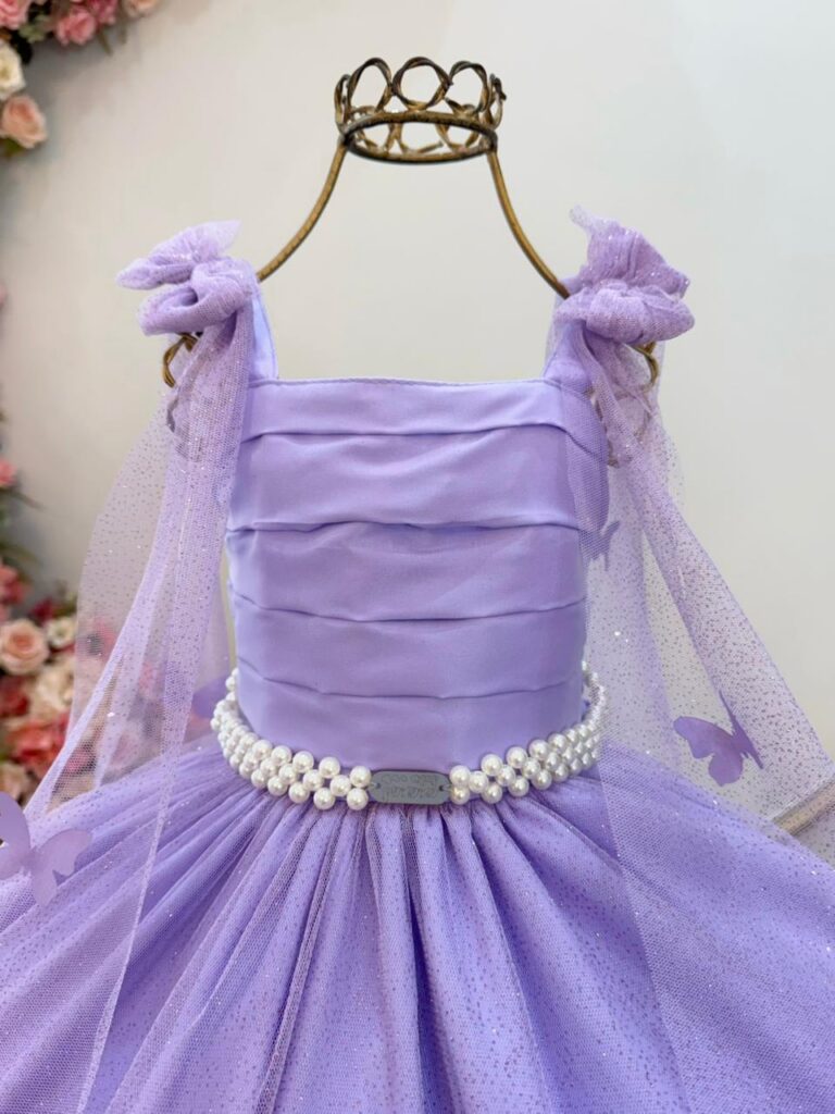 Vestido Infantil Longo Lilás Borboletas e Pérolas Dama