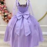 Vestido Infantil Longo Lilás Borboletas e Pérolas Dama