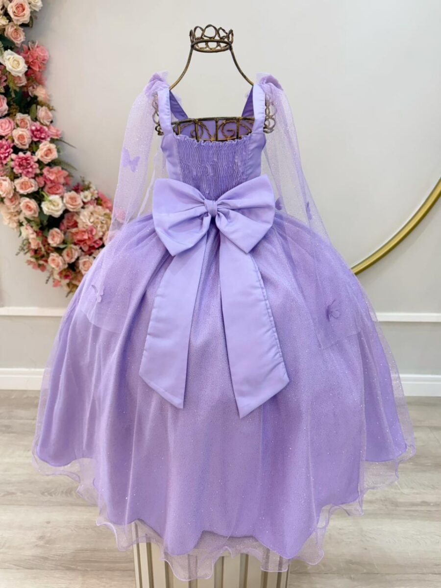 Vestido Infantil Longo Lilás Borboletas e Pérolas Dama