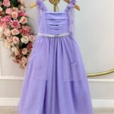 Vestido Infantil Longo Lilás Borboletas e Pérolas Dama