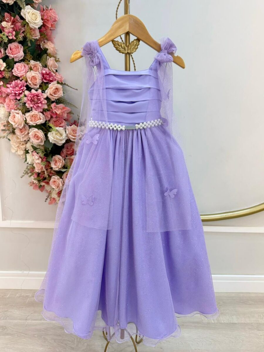 Vestido Infantil Longo Lilás Borboletas e Pérolas Dama