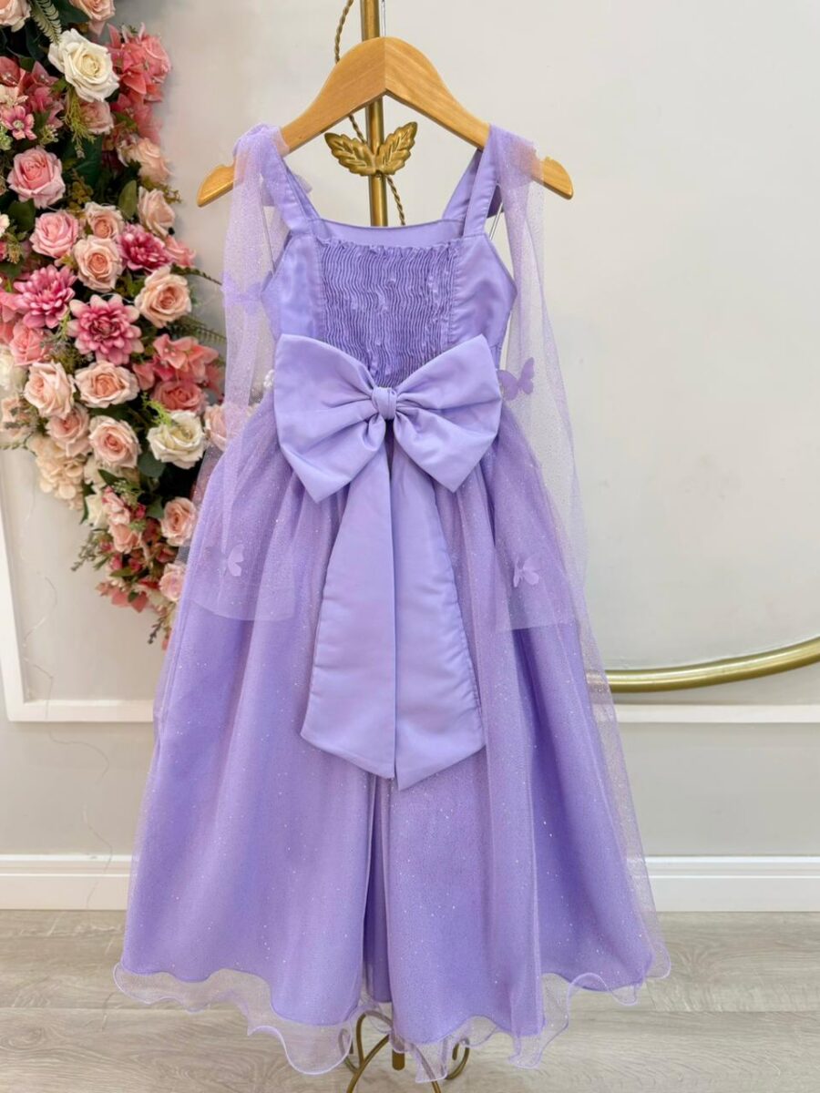 Vestido Infantil Longo Lilás Borboletas e Pérolas Dama