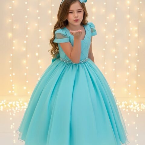 Vestido Infantil Longo Verde Busto Nervura com Pérolas Dama