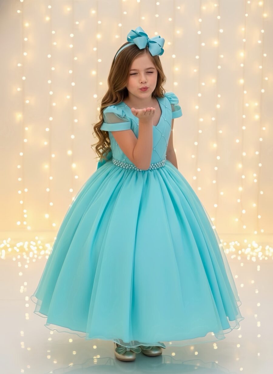 Vestido Infantil Longo Verde Busto Nervura com Pérolas Dama