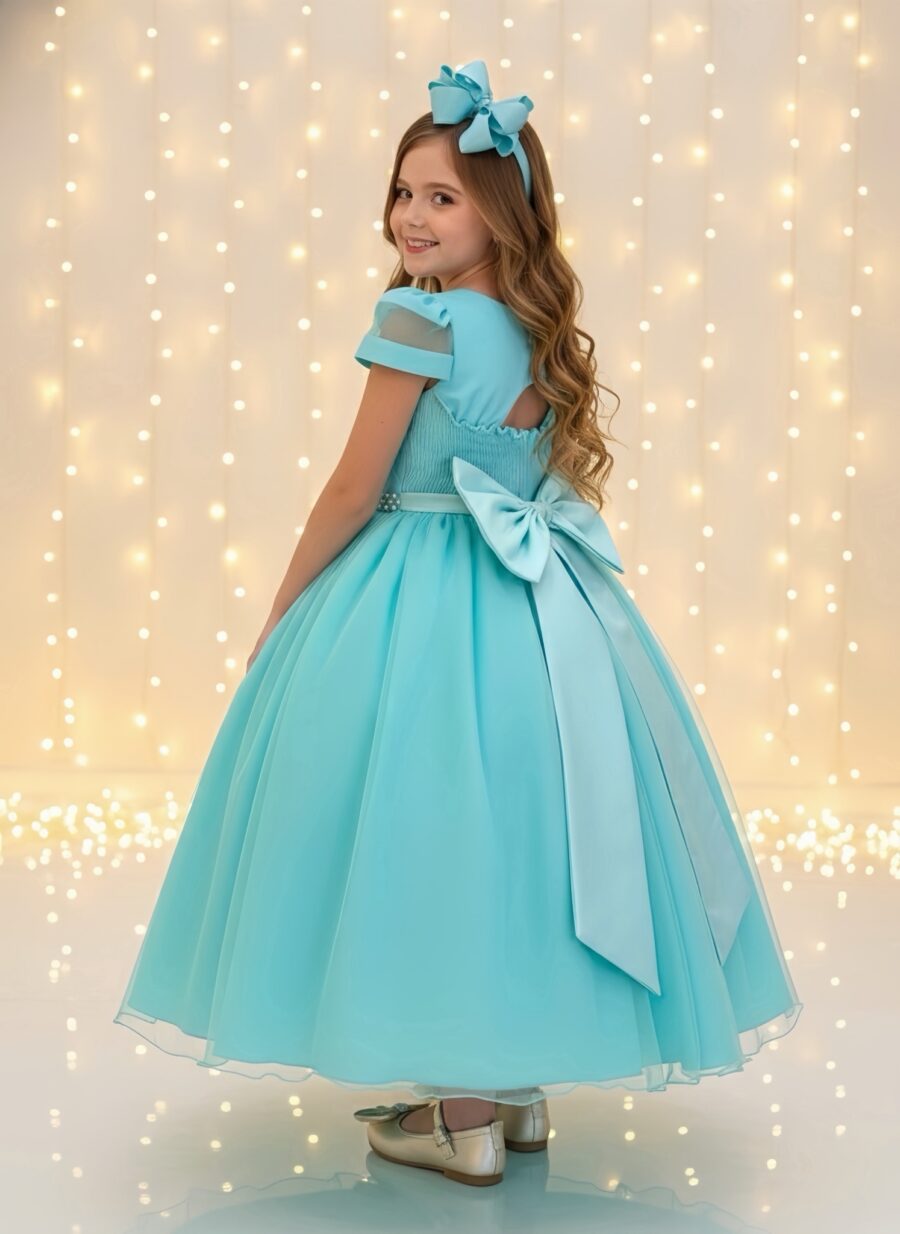 Vestido Infantil Longo Verde Busto Nervura com Pérolas Dama