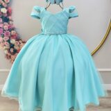 Vestido Infantil Longo Verde Busto Nervura com Pérolas Dama