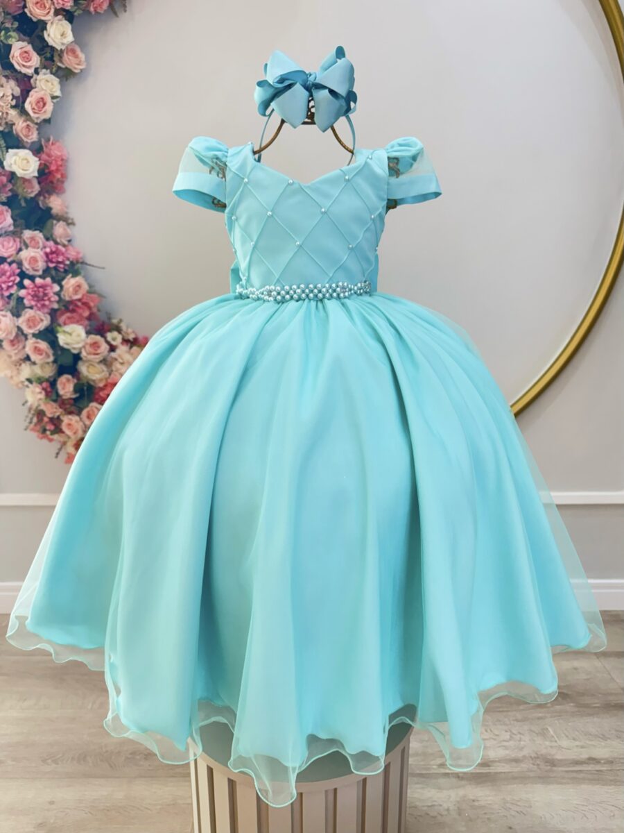 Vestido Infantil Longo Verde Busto Nervura com Pérolas Dama