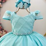 Vestido Infantil Longo Verde Busto Nervura com Pérolas Dama