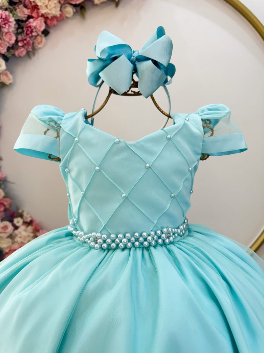 Vestido Infantil Longo Verde Busto Nervura com Pérolas Dama