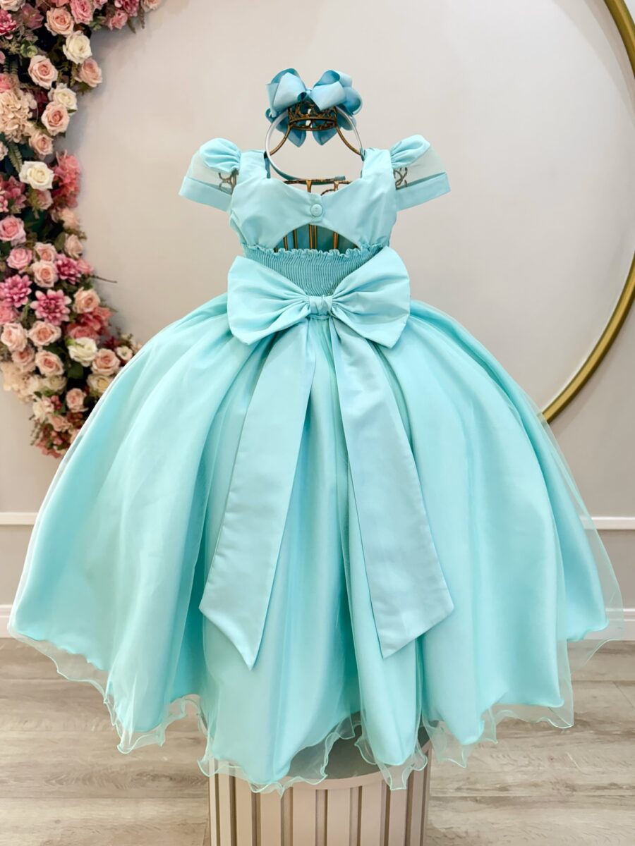 Vestido Infantil Longo Verde Busto Nervura com Pérolas Dama