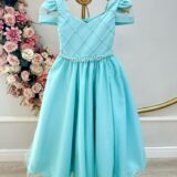 Vestido Infantil Longo Verde Busto Nervura com Pérolas Dama