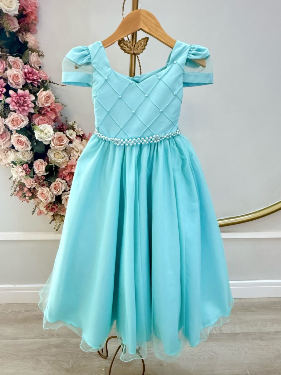 Vestido Infantil Longo Verde Busto Nervura com Pérolas Dama