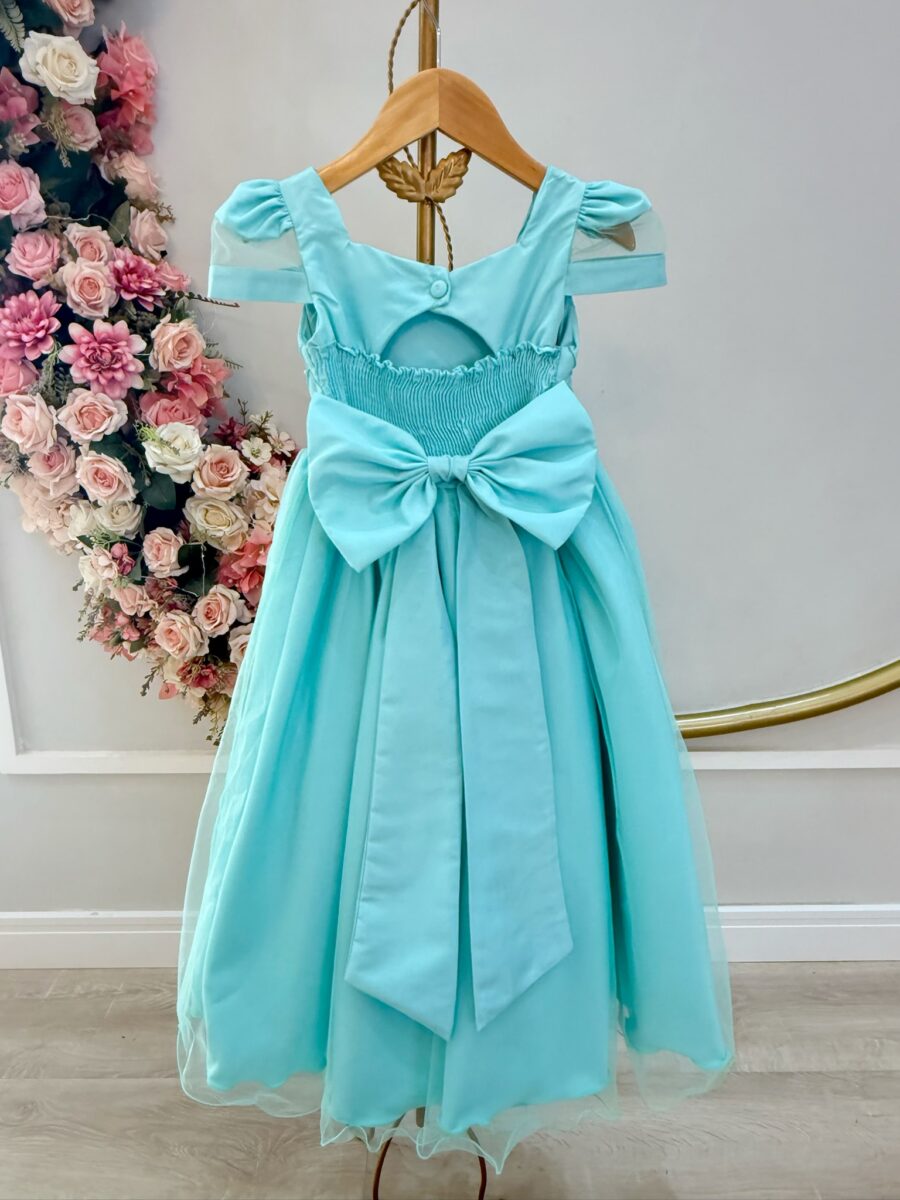 Vestido Infantil Longo Verde Busto Nervura com Pérolas Dama