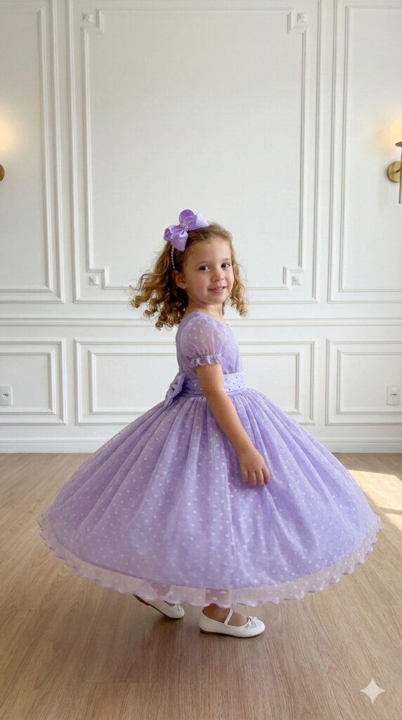 Vestido Infantil Marie Lilás de Bolinhas