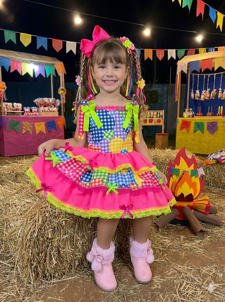 Vestido Junino Infantil Banana Club Encanto da Roça Rosa