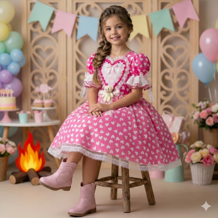 Vestido Junino Infantil Marie Ursinho do Sertão Pink