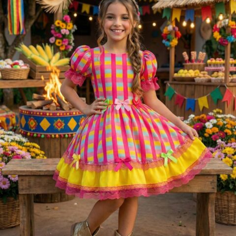 Vestido Junino Infantil Banana Club Quermesse Feliz Rosa