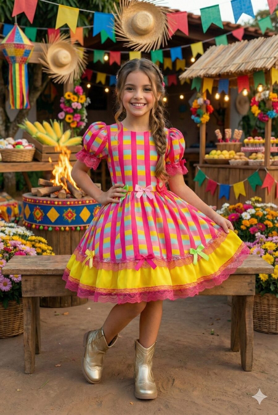 Vestido Junino Infantil Banana Club Quermesse Feliz Rosa