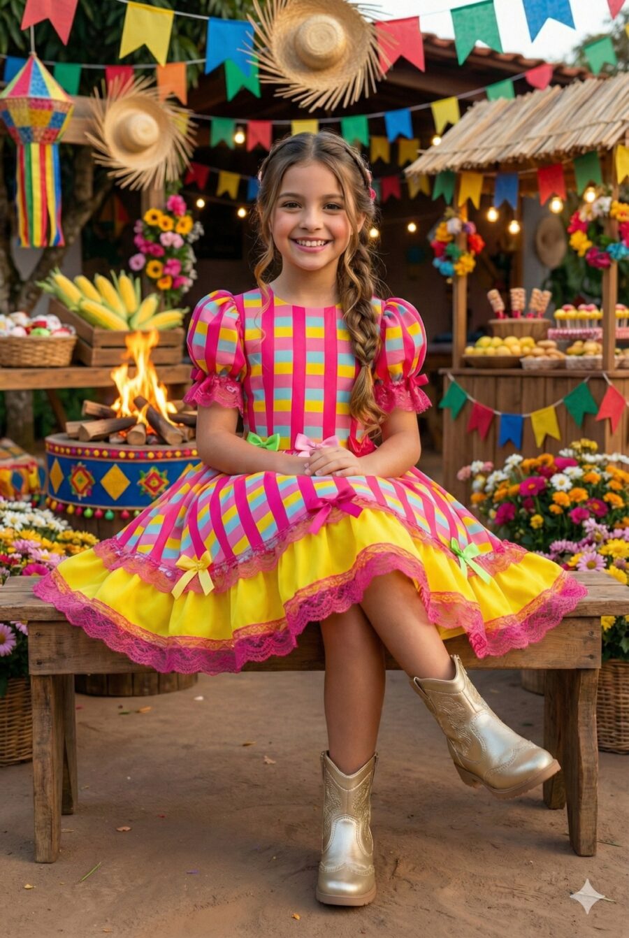 Vestido Junino Infantil Banana Club Quermesse Feliz Rosa