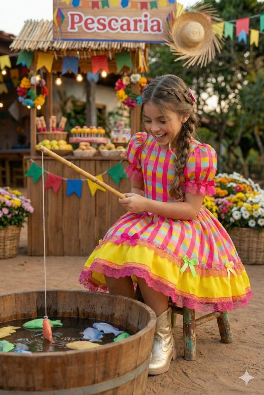 Vestido Junino Infantil Banana Club Quermesse Feliz Rosa