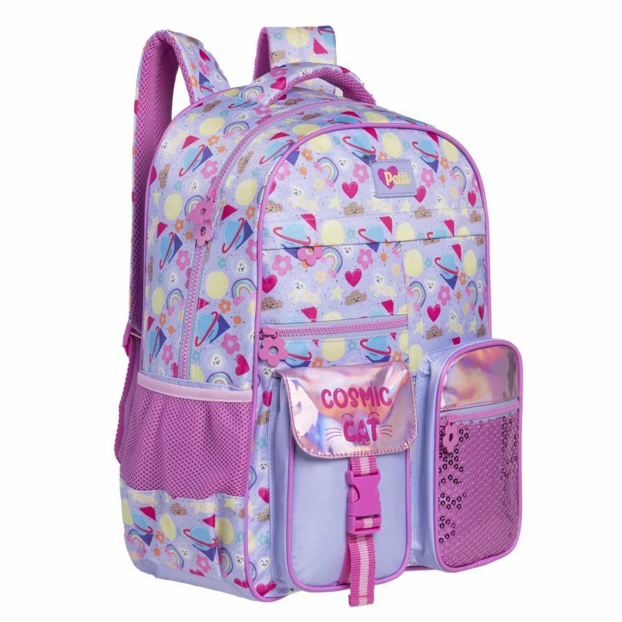 Mochila de Costas Tween Cosmic Cat Tamanho 17 Lilás Paetê