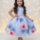 Vestido Infantil Azul Florido com Laço ou Tiara