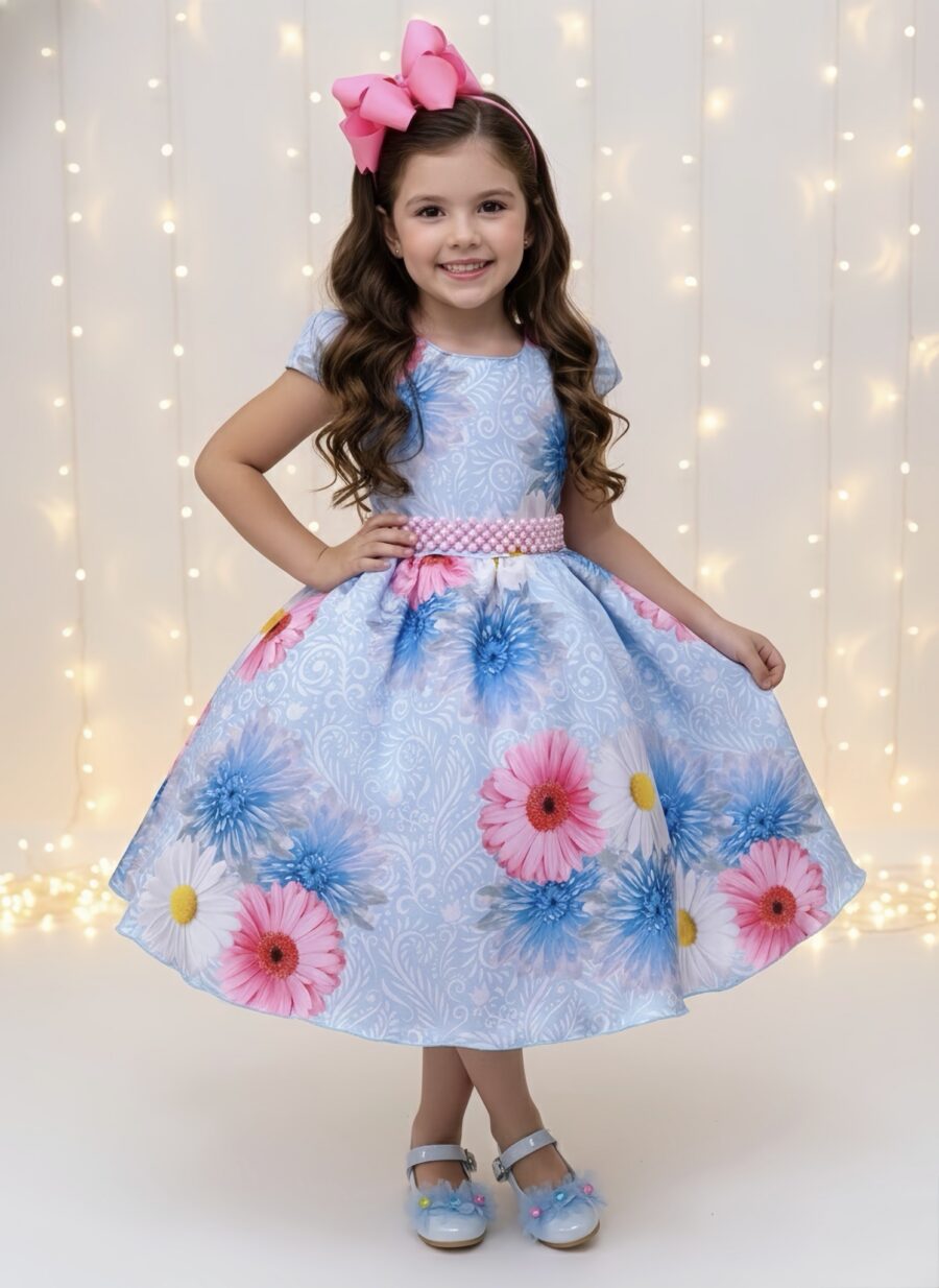 Vestido Infantil Azul Florido com Laço ou Tiara